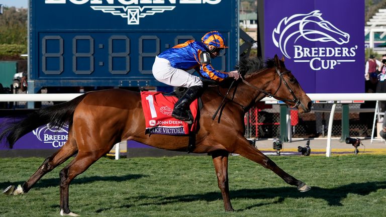 Ryan Moore rides Lake Victoria to victory in the Breeders' Cup Juvenile Fillies Turf horse race at Santa Anita Park in Del Mar, Calif., Friday, Nov. 1, 2024. (AP Photo/Gregory Bull)