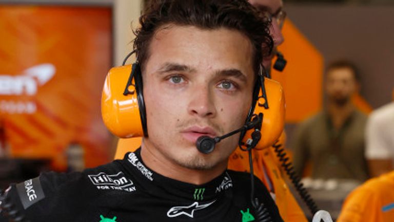 AUT..DROMO JOS.. CARLOS PACE, BRAZIL - NOVEMBER 03: Lando Norris, McLaren F1 Team, with his engineer in the garage during the Brazilian GP at Aut..dromo Jos.. Carlos Pace on Sunday November 03, 2024 in Sao Paulo, Brazil. (Photo by Steven Tee / LAT Images)