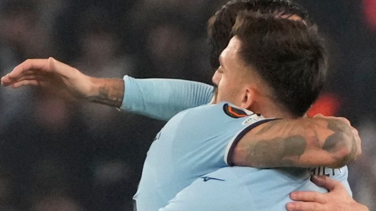 Lazio players celebrate after the Europa League soccer match between Lazio and Porto at Rome's Olympic Stadium on Thursday, Nov. 7, 2024. (AP Photo/Gregorio Borgia)