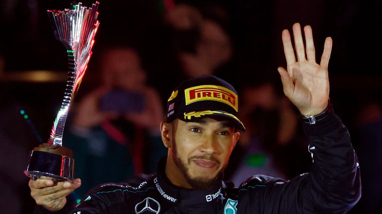 LAS VEGAS, NV - NOVEMBER 23: Lewis Hamilton (44, 2nd place) of Great Britain, Mercedes-AMG PETRONAS F1, Team Mercedes waves to the crowd at the completion of the Formula 1 Heineken Silver Las Vegas Grand Prix on the Las Vegas Strip Circuit on November 23, 2024 in Las Vegas, Nevada. (Photo by Jeff Speer/Icon Sportswire) (Icon Sportswire via AP Images)