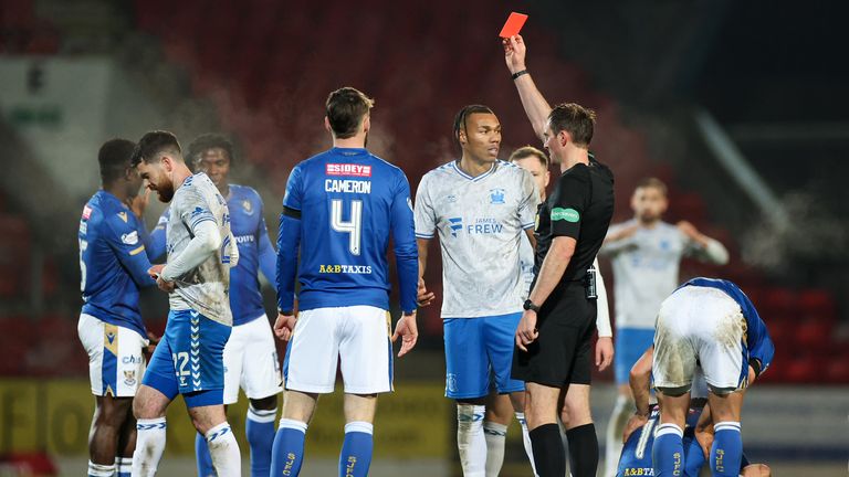 PERTH, SCOTLAND - NOVEMBER 23: Kilmarnock's Liam Donnelly is sent off following a foul on St Johnstone's Drey Wright during a William Hill Premiership match between St Johnstone and Kilmarnock at McDiarmid Park on November 23, 2024, in Perth, Scotland. (Photo by Roddy Scott / SNS Group)