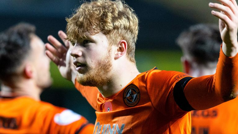 DUNDEE, SCOTLAND - NOVEMBER 09: Dundee United's Luca Stephenson celebrates scoring to make it 1-0 during a William Hill Premiership match between Dundee United and Ross County at the CalForth Construction Arena at Tannadice Park, on November 09, 2024, in Dundee, Scotland.  (Photo by Ross Parker / SNS Group)