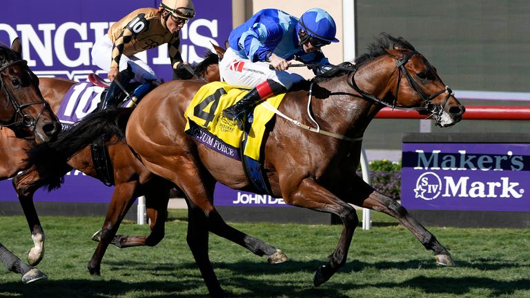 Colin Keane rides Magnum Force (4) in front of Paco Lopez riding Governor Sam (10) in the Breeders' Cup Juvenile Turf Sprint horse race at Santa Anita Park in Del Mar, Calif., Friday, Nov. 1, 2024. (AP Photo/Gregory Bull)