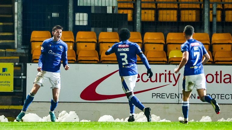 PERTH, SCOTLAND - NOVEMBER 23: St Johnstone's Makenzie Kirk (L) celebrates scoring to make it 1-0 during a William Hill Premiership match between St Johnstone and Kilmarnock at McDiarmid Park on November 23, 2024, in Perth, Scotland. (Photo by Roddy Scott / SNS Group)