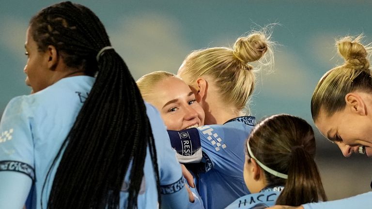 Manchester City's Laura Blindkilde (centre) celebrates scoring their side's first goal of the game during the UEFA Women's Champions League Group D match at the Manchester City Joie Stadium. Picture date: Tuesday November 12, 2024.