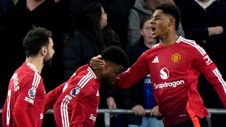 Marcus Rashford celebrates after giving Man Utd an early lead at Portman Road