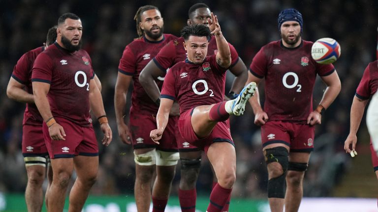 England's Marcus Smith kicks for touch during the Autumn Nations Series rugby union match between England and Japan at the Allianz Stadium Twickenham in London, Sunday, Nov. 24, 2024. (AP Photo/Alastair Grant)