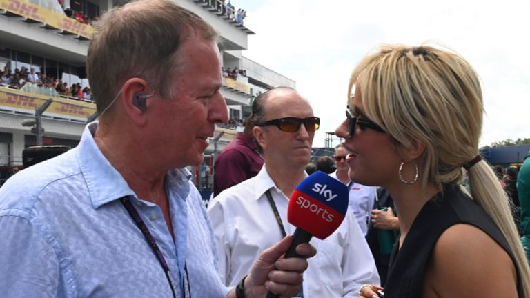 MIAMI INTERNATIONAL AUTODROME, UNITED STATES OF AMERICA - MAY 05: Martin Brundle, Sky F1, and Camila Cabello, singer during the Miami GP at Miami International Autodrome on Sunday May 05, 2024 in Miami, United States of America. (Photo by Mark Sutton / Sutton Images)