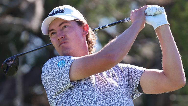 Maverick McNealy drives from the second tee during the final final round of the RSM Classic