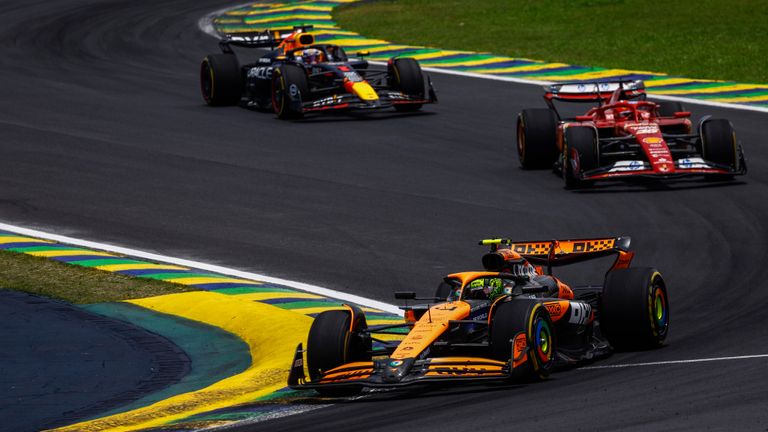 AUT..DROMO JOS.. CARLOS PACE, BRAZIL - NOVEMBER 02: Lando Norris, McLaren MCL38, leads Charles Leclerc, Ferrari SF-24, and Max Verstappen, Red Bull Racing RB20 during the Brazilian GP at Aut..dromo Jos.. Carlos Pace on Saturday November 02, 2024 in Sao Paulo, Brazil. (Photo by Sam Bloxham / LAT Images)