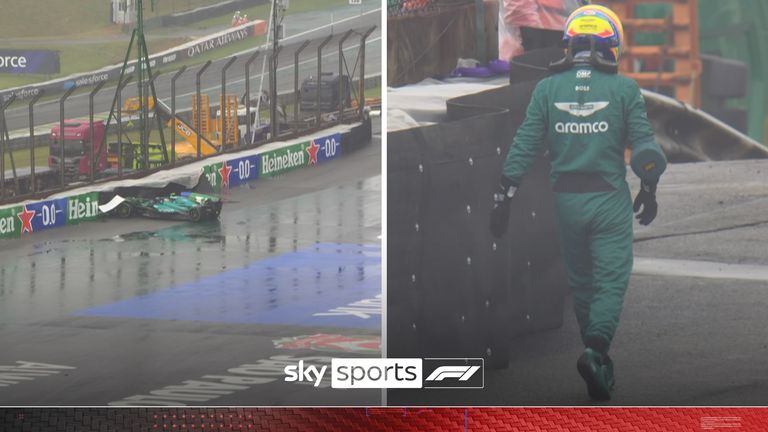 Fernando Alonso became the fourth driver to crash into the barriers during a chaotic qualifying in Brazil.