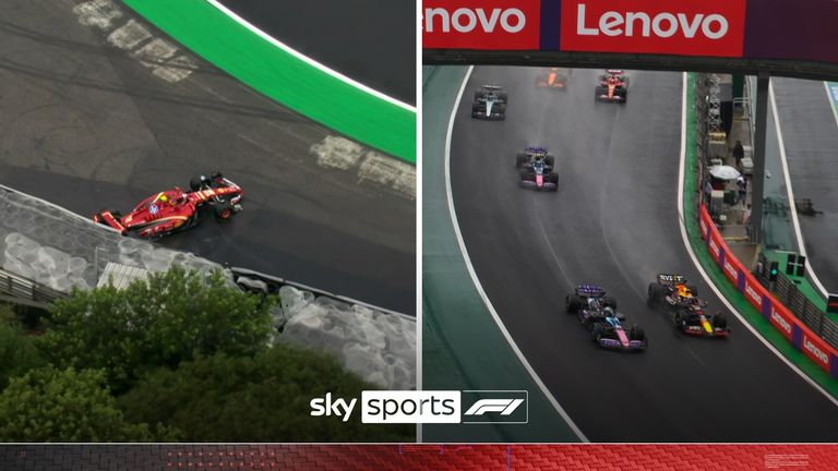 Setelah kecelakaan Carlos Sainz membuat safety car keluar, Max Verstappen menyalip Esteban Ocon untuk memimpin balapan di Brasil.