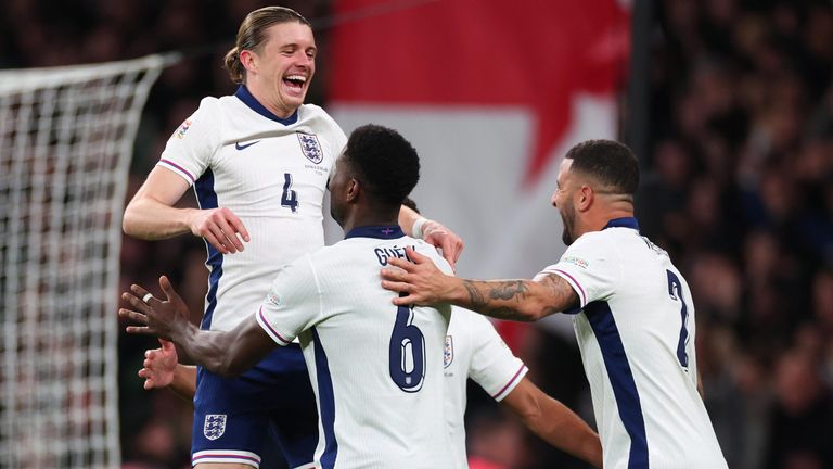 Conor Gallagher celebrates with Marc Guehi and Kyle Walker after scoring England's third goal against Republic of Ireland