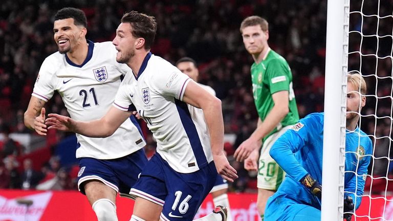 Taylor Harwood-Bellis celebrates after scoring England's fifth goal against Republic of Ireland