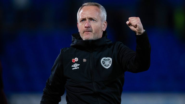 PERTH, SCOTLAND - NOVEMBER 02: Hearts Head Coach Neil Critchley celebrates at full time during a William Hill Premiership match between St Johnstone and Heart of Midlothian at McDiarmid Park, on November 02, 2024, in Perth, Scotland. (Photo by Sammy Turner / SNS Group)