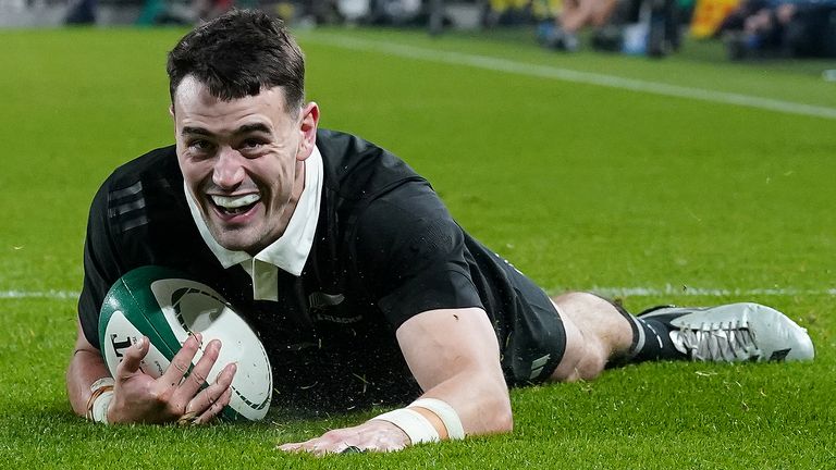 New Zealand's Will Jordan scores a try against Ireland