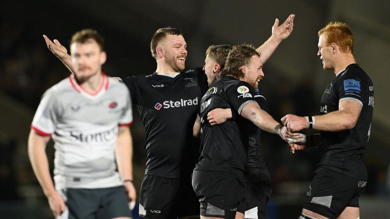 Callum Chick of Falcons celebrates victory with team mates after the Gallagher Premiership Rugby match between Newcastle Falcons and Saracens at Kingston Park