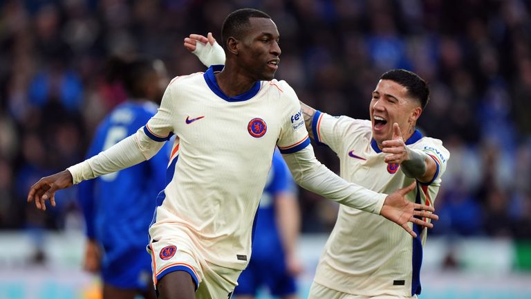 Chelsea's Nicolas Jackson celebrates scoring the opening goal with team-mate Enzo Fernandez