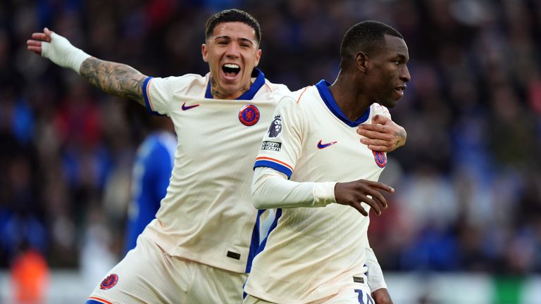 Chelsea's Nicolas Jackson celebrates scoring the opening goal with team-mate Enzo Fernandez