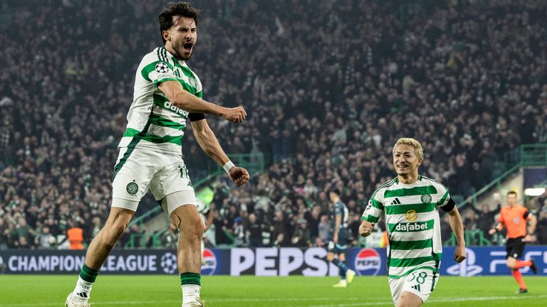 GLASGOW, SCOTLAND - NOVEMBER 05: Celtic's Nicolas Kuhn celebrates scoring to make it 2-1 during a UEFA Champions League 2024/25 League Phase MD4 match between Celtic and RB Leipzig at Celtic Park, on November 05, 2024, in Glasgow, Scotland. (Photo by Craig Foy / SNS Group)