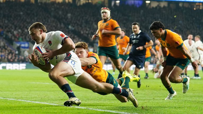 England's Ollie Sleightholme scores their third try