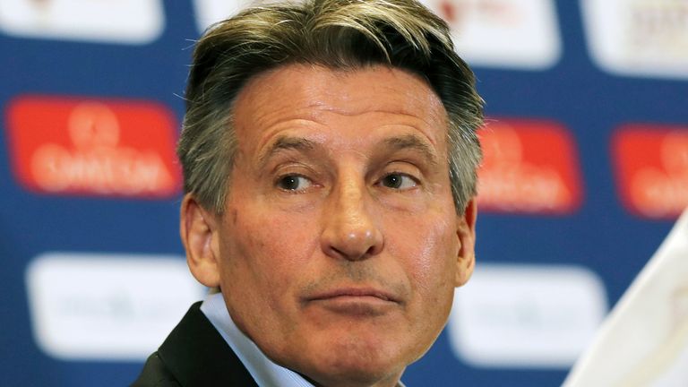 FILE - IAAF President Sebastian Coe attends a press conference ahead of the Doha IAAF Diamond League in Doha, Qatar, May 2, 2019.  (AP Photo/Kamran Jebreili, File)