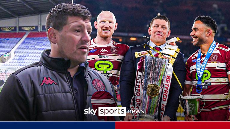 Wigan Warriors&#39; Liam Farrell, head coach Matt Peet and Bevan French celebrate with the trophy following the Betfred Super League Grand Final match at Old Trafford, Manchester. Picture date: Saturday October 12, 2024.