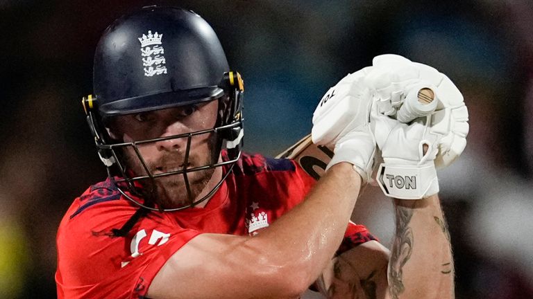 England's Phil Salt plays a shot against West Indies during the first T20 cricket match at Kensington Oval in Bridgetown, Barbados, Saturday, Nov. 9, 2024. (AP Photo/Ricardo Mazalan)