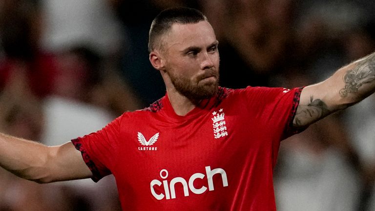 England's Phil Salt celebrates his T20 century against West Indies in Barbados (Associated Press)