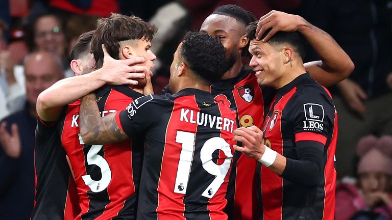 Bournemouth players celebrate after Evanilson doubles their lead over Man City