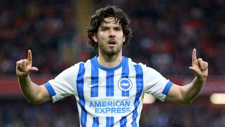 Ferdi Kadioglu celebrates after giving Brighton the lead at Anfield