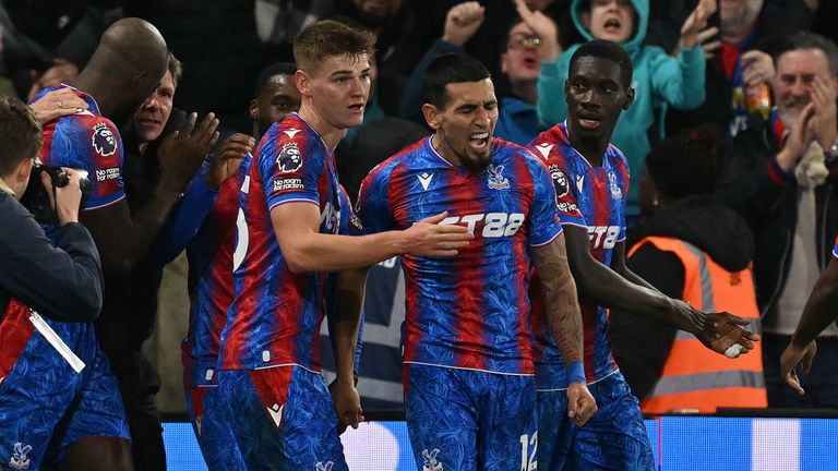 Daniel Munoz is mobbed after scoring Crystal Palace's late equaliser against Newcastle