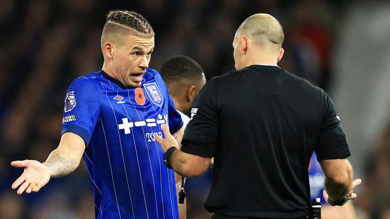 Kalvin Phillips pleads his case before being sent off for a second bookable offence