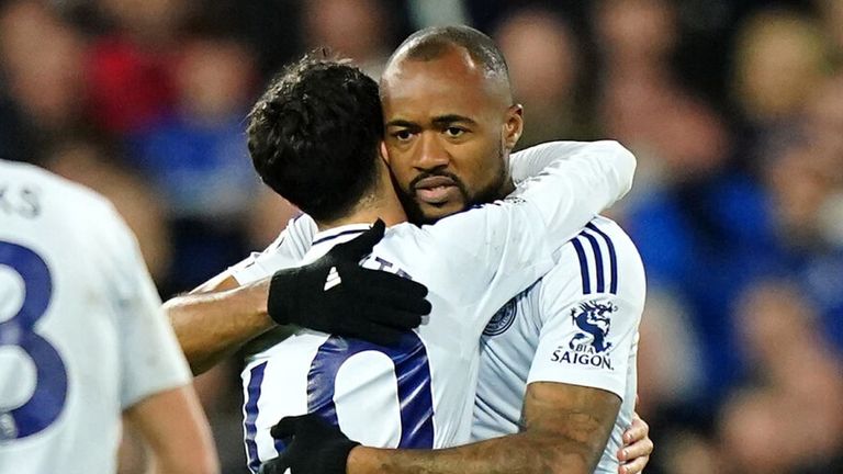 Jordan Ayew is congratulated after scoring a late equaliser for Leicester at Ipswich