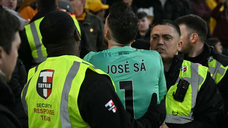 Jose Sa confronts fans at the end of the first half of Wolves' Premier League clash with Bournemouth