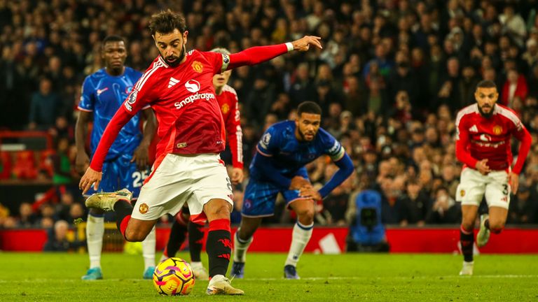 Bruno Fernandes scores a penalty to give Manchester United the lead against Chelsea