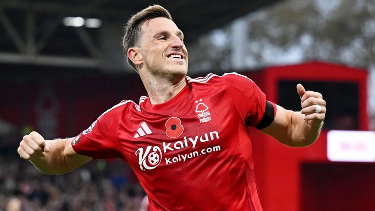 Chris Wood celebrates after opening the scoring for Nottingham Forest against West Ham