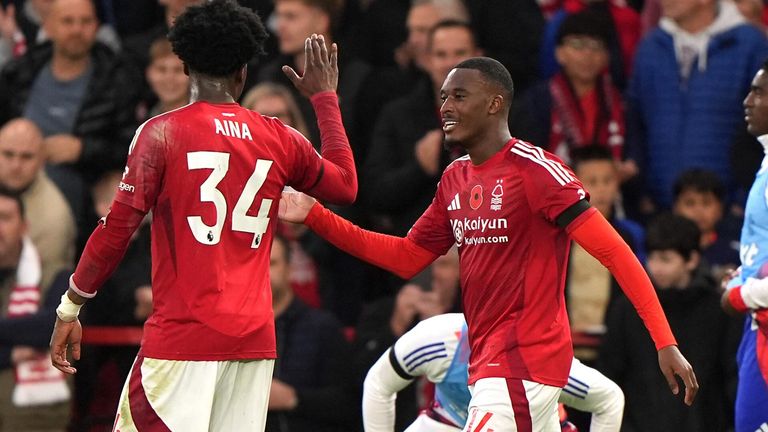 Callum Hudson-Odoi celebrates after doubling Nottingham Forest's lead against West Ham