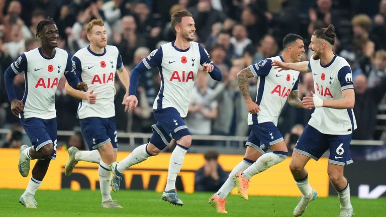 James Maddison celebrates after scoring from a direct free-kick to give Spurs a 4-1 lead against Aston Villa