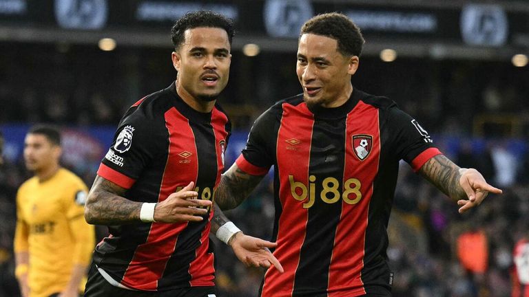 Justin Kluivert celebrates after scoring his second penalty to put Bournemouth 3-1 up at Wolves