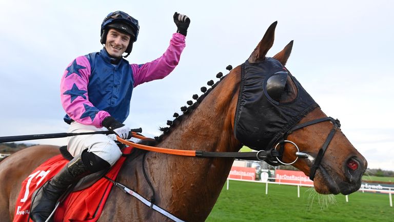 Stuzzikini and Gavin Brouder win the Troytown Handicap Steeplechase (Grade 3) for owners VCS Versatile Coating Specialist Ltd & Francis Foran and trainer Gordon Elliott.(Healy Racing)