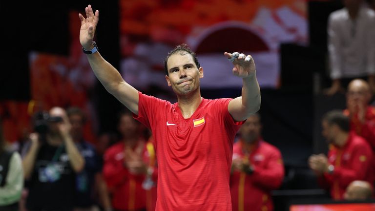 Spain's Rafael Nadal greets the spectators at the end of the quarter-final singles match between Netherlands and Spain during the Davis Cup Finals at the Palacio de Deportes Jose Maria Martin Carpena arena in Malaga, southern Spain, on November 19, 2024. Retiring tennis superstar Rafael Nadal lost in Davis Cup quarter-finals singles. (Photo by Thomas COEX / AFP)