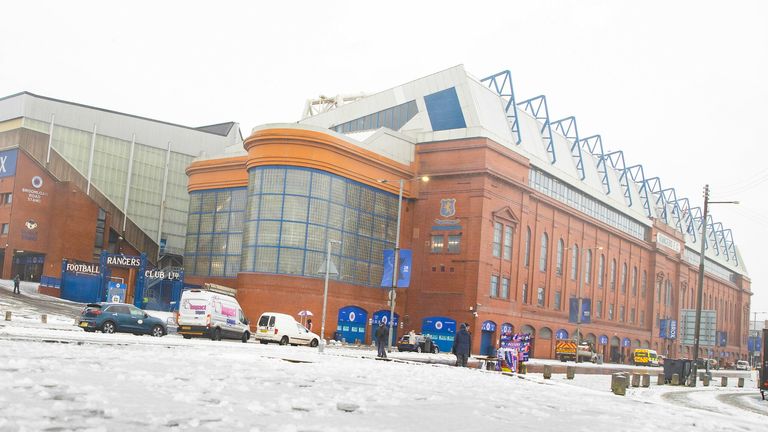 GLASGOW, SCOTLAND - NOVEMBER 23: A general view of snow outside the stadium during a William Hill Premiership match between Rangers and Dundee United at Ibrox Stadium on November 23, 2024, in Glasgow, Scotland. (Photo by Alan Harvey / SNS Group)