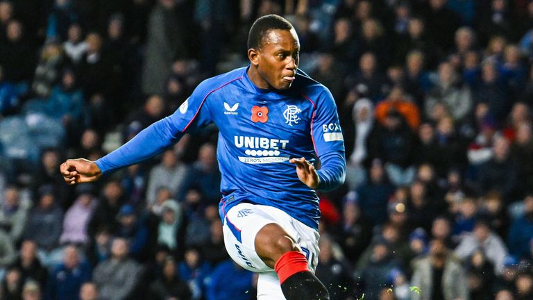 GLASGOW, SCOTLAND - NOVEMBER 10: Rangers' Neraysho Kasanwirjo takes a shot but it hits the crossbar during a William Hill Scottish Premiership match between Rangers and Heart of Midlothian at Ibrox Stadium, on November 10, 2024, in Glasgow, Scotland. (Photo by Rob Casey / SNS Group)