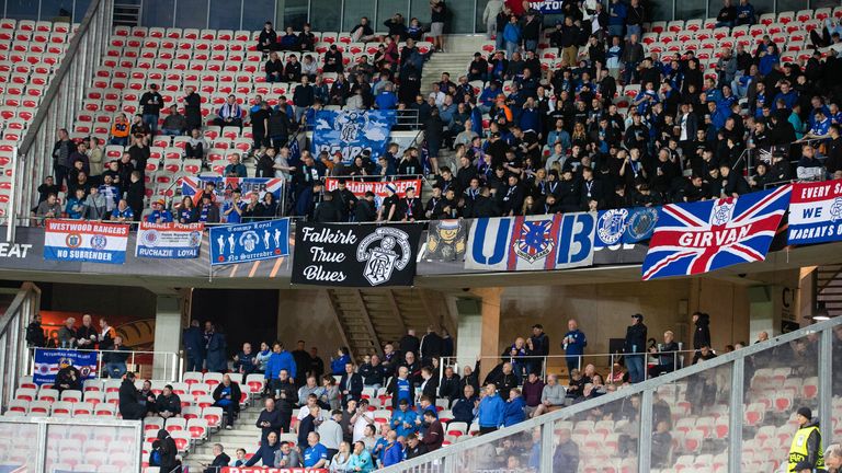 NICE, FRANCE - NOVEMBER 28: A general view of Rangers fans pre-match during a UEFA Europa League 2024/25 League Phase MD5 match between OGC Nice and Rangers at the Stade de Nice, on November 28, 2024, in Nice, France. (Photo by Alan Harvey / SNS Group)