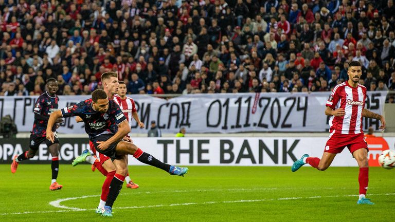 ATHENS, GREECE - NOVEMBER 07: Rangers' Cyriel Dessers scores to make it 1-1 during a UEFA Europa League 2024/25 League Phase MD4 match between Olympiacos and Rangers at The Georgios Karaiskakis Stadium, on November 07, 2024, in Athens, Greece. (Photo by Alan Harvey / SNS Group)