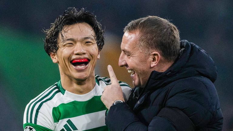 GLASGOW, SCOTLAND - NOVEMBER 05: Celtic manager Brendan Rodgers with Reo Hatate at full time during a UEFA Champions League 2024/25 League Phase MD4 match between Celtic and RB Leipzig at Celtic Park, on November 05, 2024, in Glasgow, Scotland. (Photo by Craig Williamson / SNS Group)