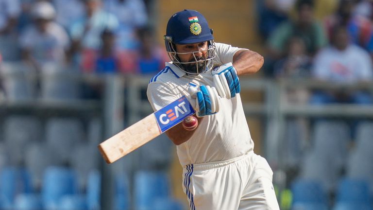 India's captain Rohit Sharma plays a shot during the third day of the third cricket test match between India and New Zealand at Wankhede Stadium, in Mumbai, India, Sunday, Nov. 3, 2024.(AP Photo/Rajanish Kakade)