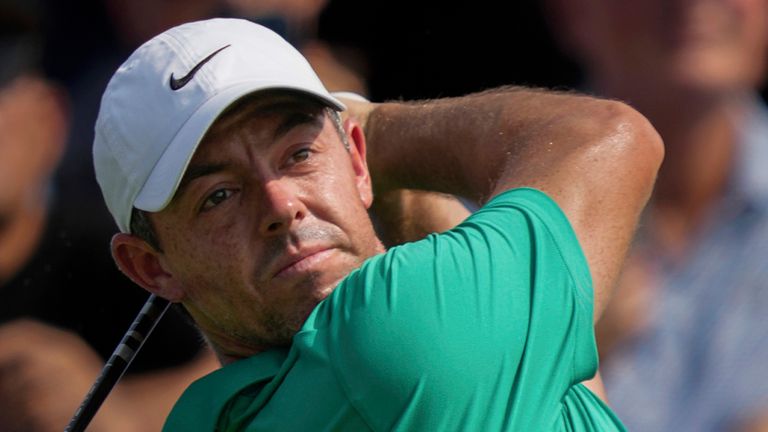 Rory McIlroy of Northern Ireland hits off the first tee during the first round of World Tour Golf Championship in Dubai, United Arab Emirates, Thursday, Nov. 14, 2024. (AP Photo/Altaf Qadri)