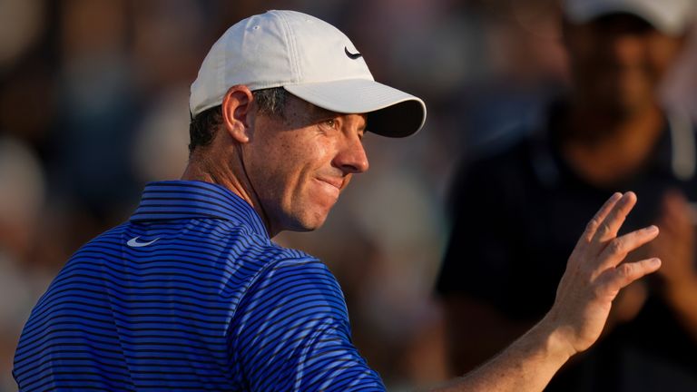 Rory McIlroy of Northern Ireland celebrates after winning the World Tour Golf Championship, in Dubai, United Arab Emirates, Sunday, Nov. 17, 2024. (AP Photo/Altaf Qadri) 